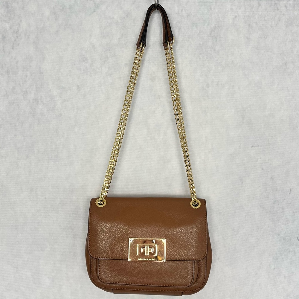 Michael Kors leather camel tan brown crossbody messenger bag with gold